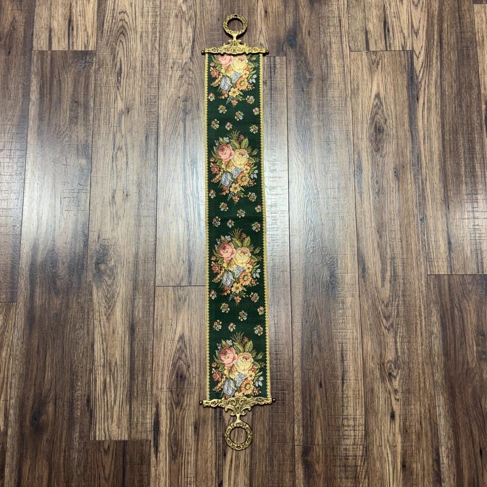 Ethan Allen Tapestry Wall Art Servants Bell Pull Hanging Brass Ends Floral Decor